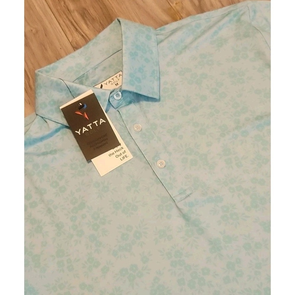 Yatta Golf Polo Mens Medium Blue Floral AOP Short Sleeve Stretch NEW